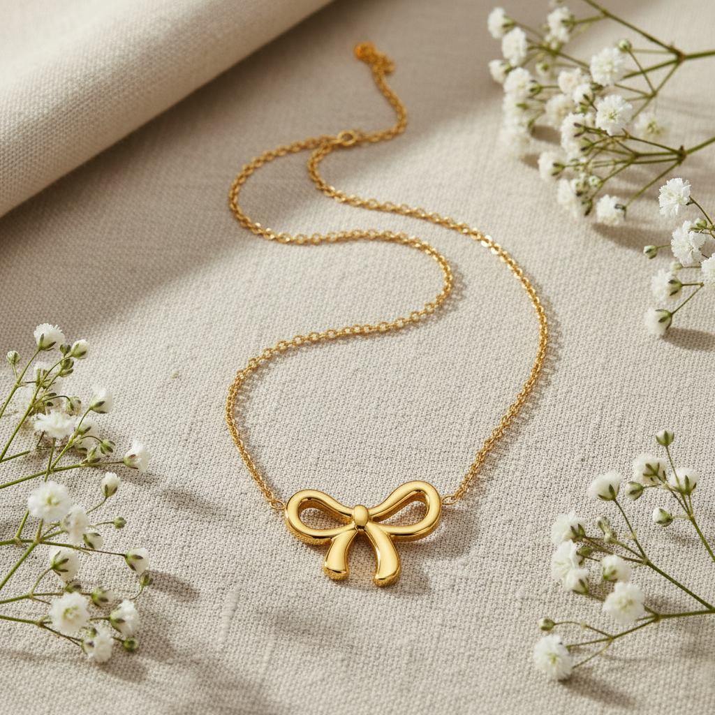Isabella Bow Necklace with Baby's Breath Background