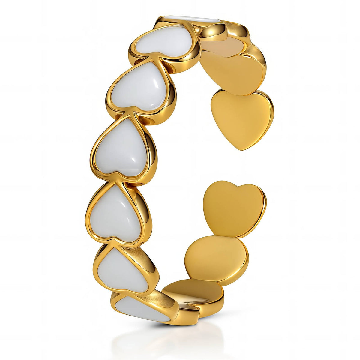 Amora Heart Ring — gold-plated adjustable band with white enamel hearts
