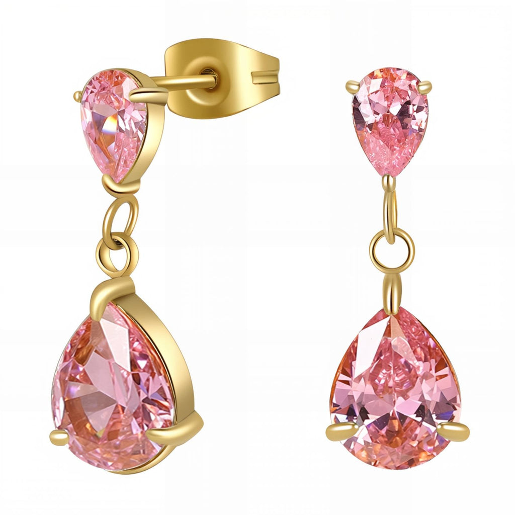 Rosella Earrings — gold-plated pink cubic zirconia double teardrop drop earrings