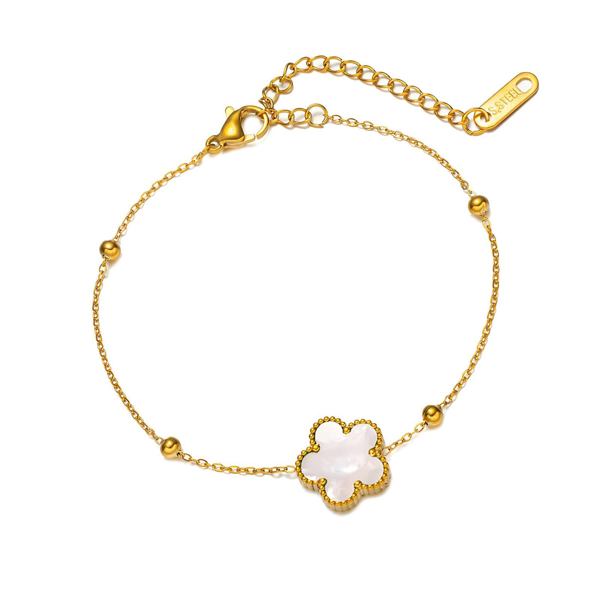 Fleur Bracelet - white mother-of-pearl flower with gold beaded edge on gold chain