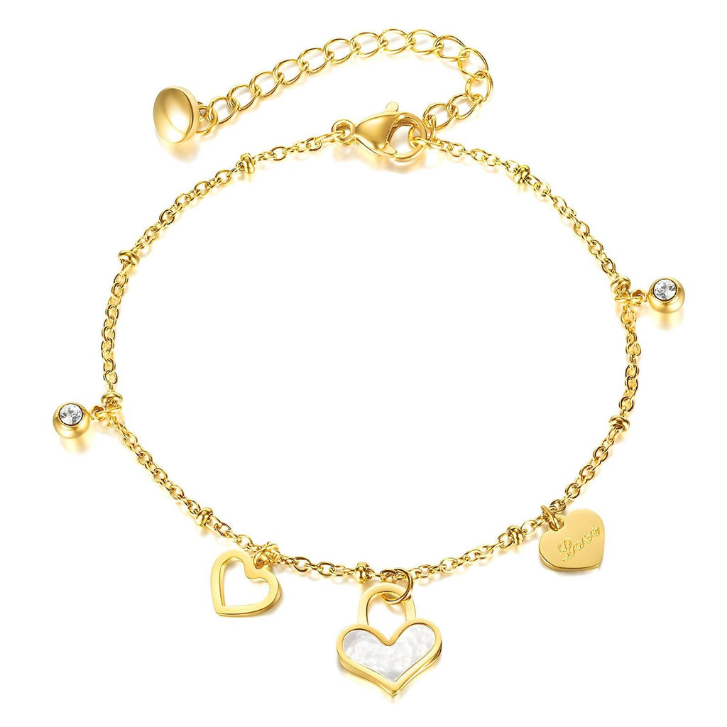 Amor Bracelet - gold heart charms with cubic zirconia and mother-of-pearl on gold chain